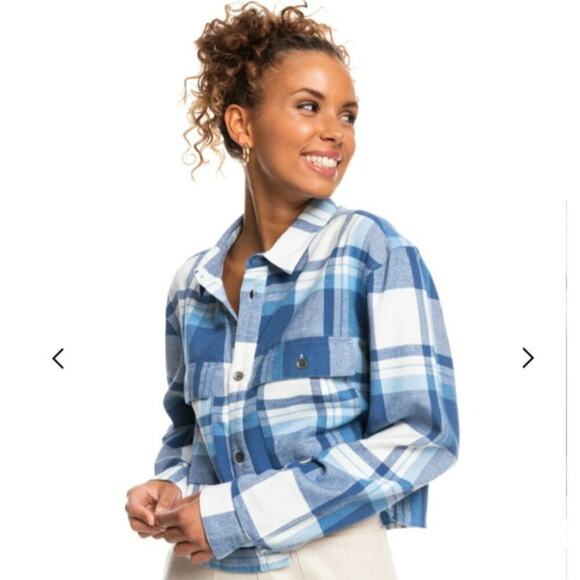 ROXY Both Ways Plaid Long Sleeve Cropped Button Up in Blue, sz Large - Picture 4 of 16